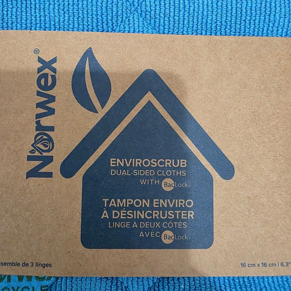 Norwex EnviroScrub 3pc Set Turquoise Blue Dual Sided Recycled Microfiber BacLock